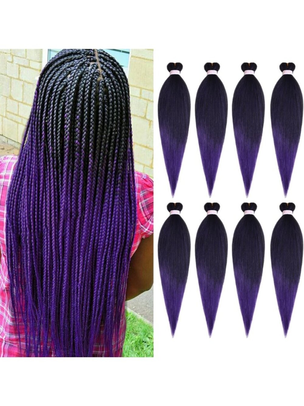 Ombre Purple Braiding Hair Pre Stretched 20 inch 8 Packs 1B/Purple#